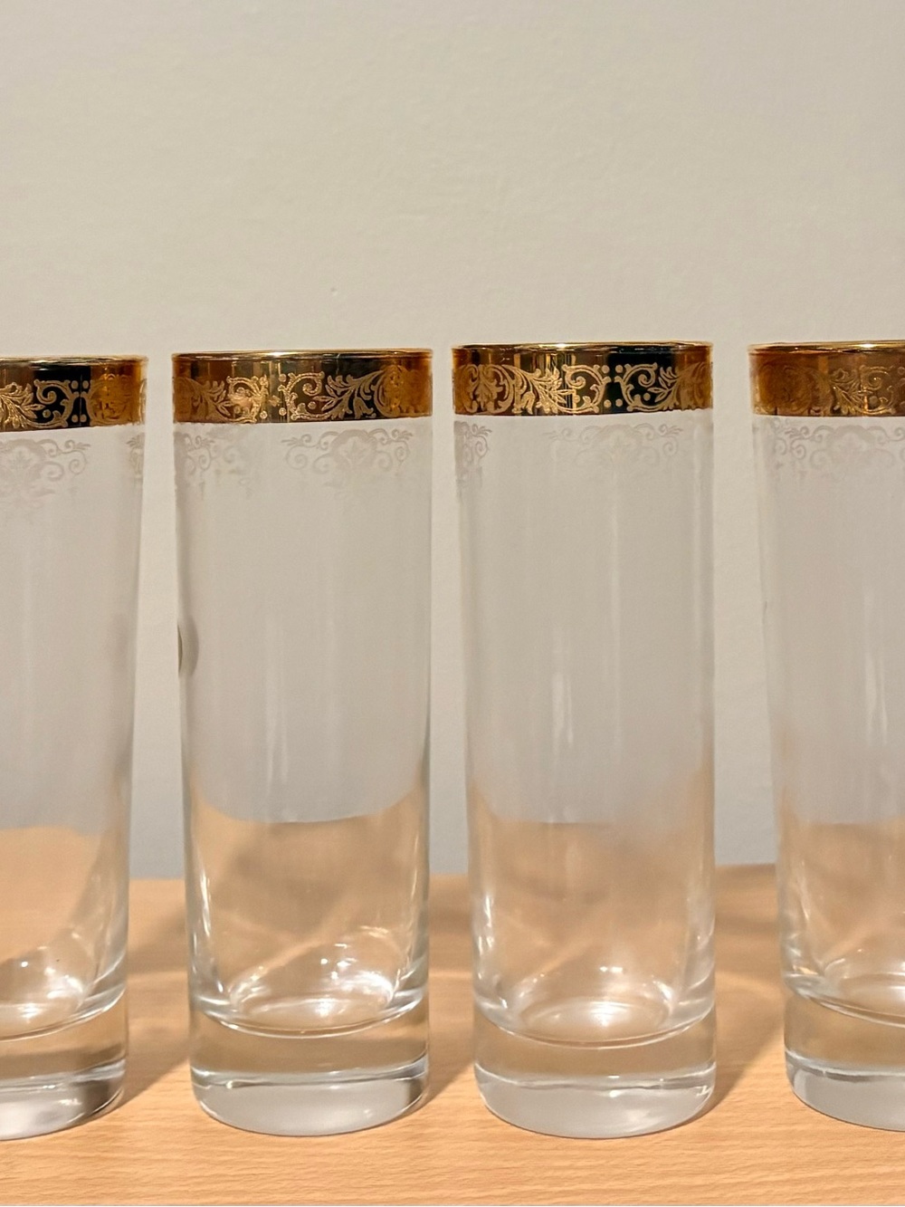4 Cellini Hand Blown Crystal tall highball glassware 24k gold band rim used